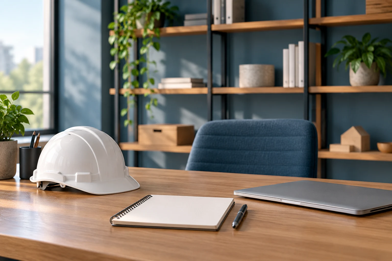 Espacio de trabajo vacío con casco y cuaderno como ilustración de empleo