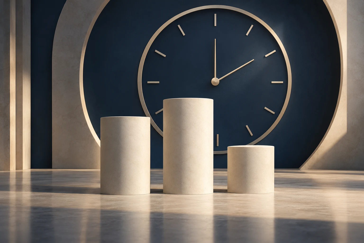 Tres pilares cerámicos y un reloj sin números como concepto de tipos y calendario monetario