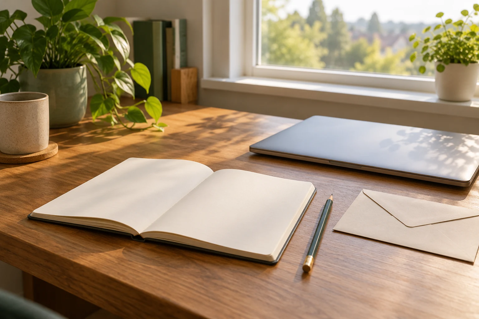 Cuaderno vacío, sobre y lápiz en una mesa como concepto de preparación de candidatura