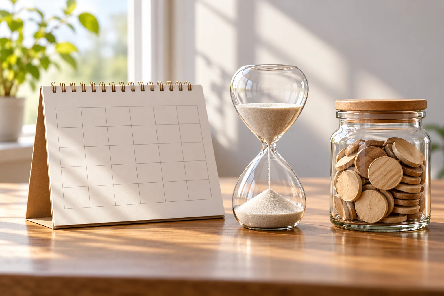 Calendario sin cifras, reloj de arena y fichas de madera como concepto de vencimiento del ahorro