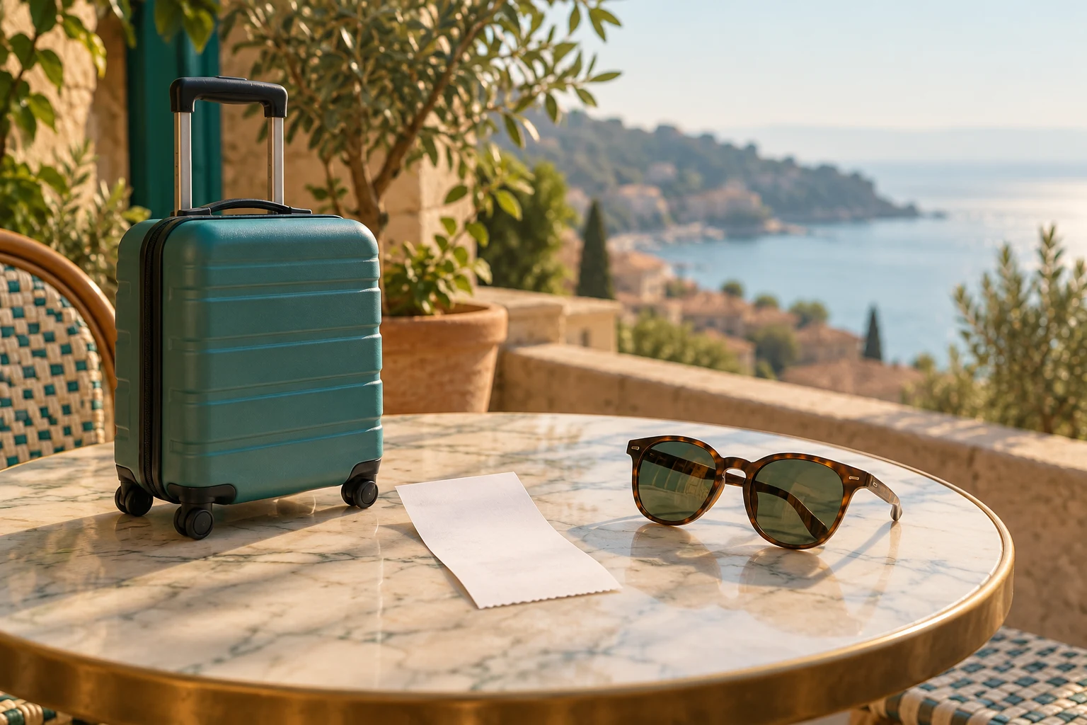 Maleta, gafas y recibo vacío en una terraza como concepto de gasto turístico