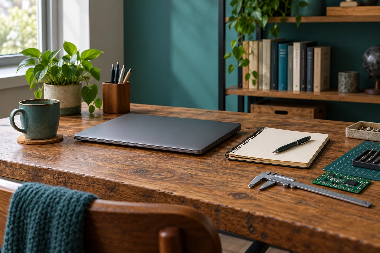 Mesa de aprendizaje vacía con cuaderno y herramientas como ilustración de formación profesional