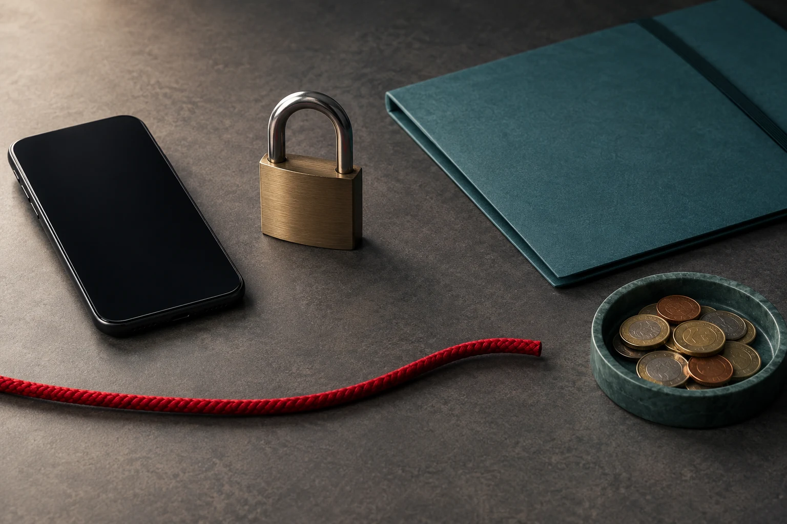 Ilustración conceptual de un teléfono sin mensajes junto a un candado y una carpeta.