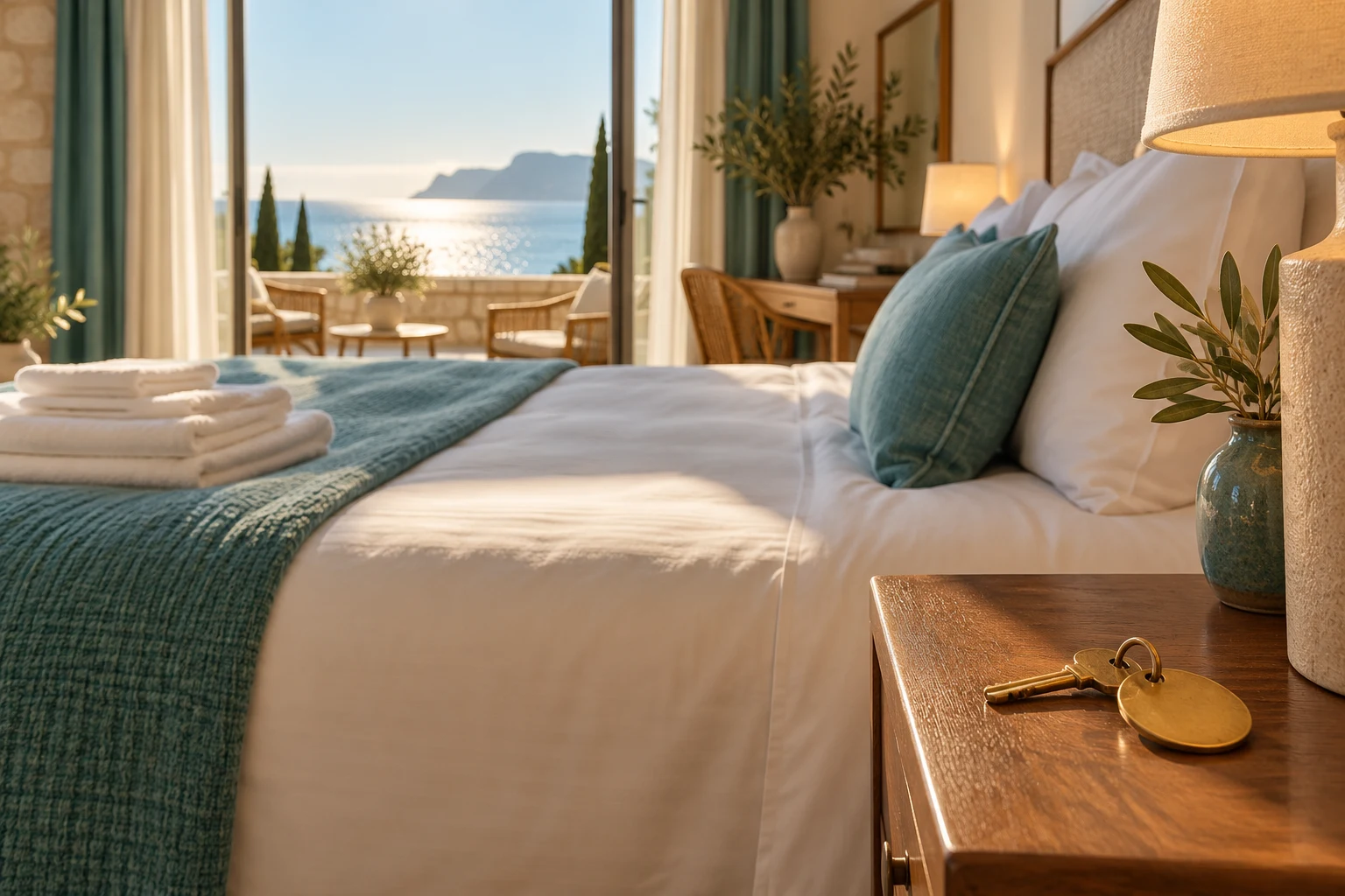 Habitación hotelera conceptual con una llave sin marca junto a la cama