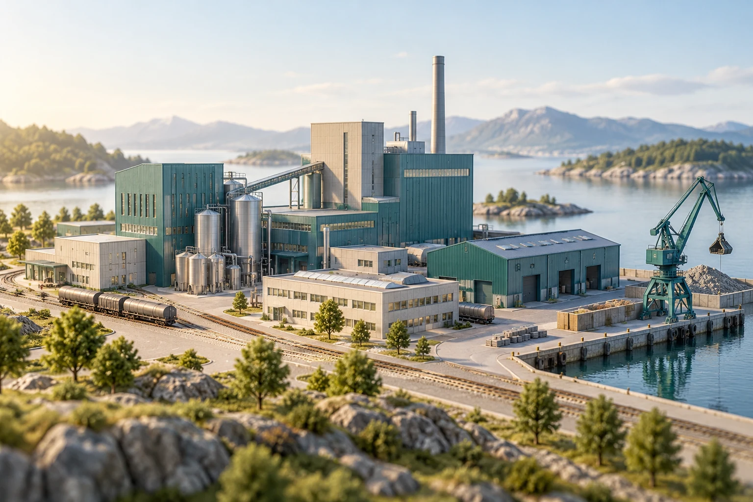 Ilustración conceptual de un complejo industrial en miniatura conectado a vías y un puerto.