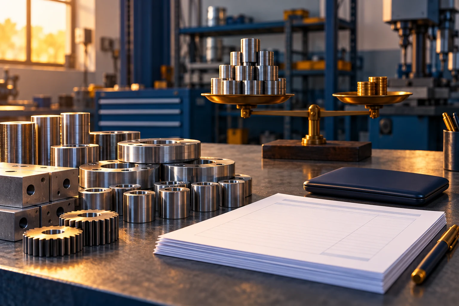 Piezas industriales y documentos sin cifras sobre una mesa de taller