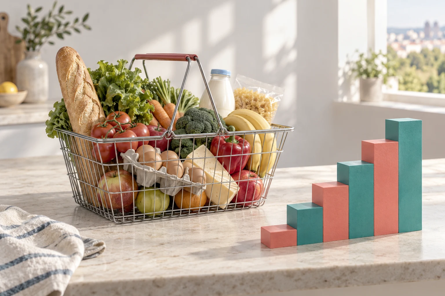 Ilustración conceptual de una cesta de alimentos junto a formas escalonadas, sin representar datos medidos.