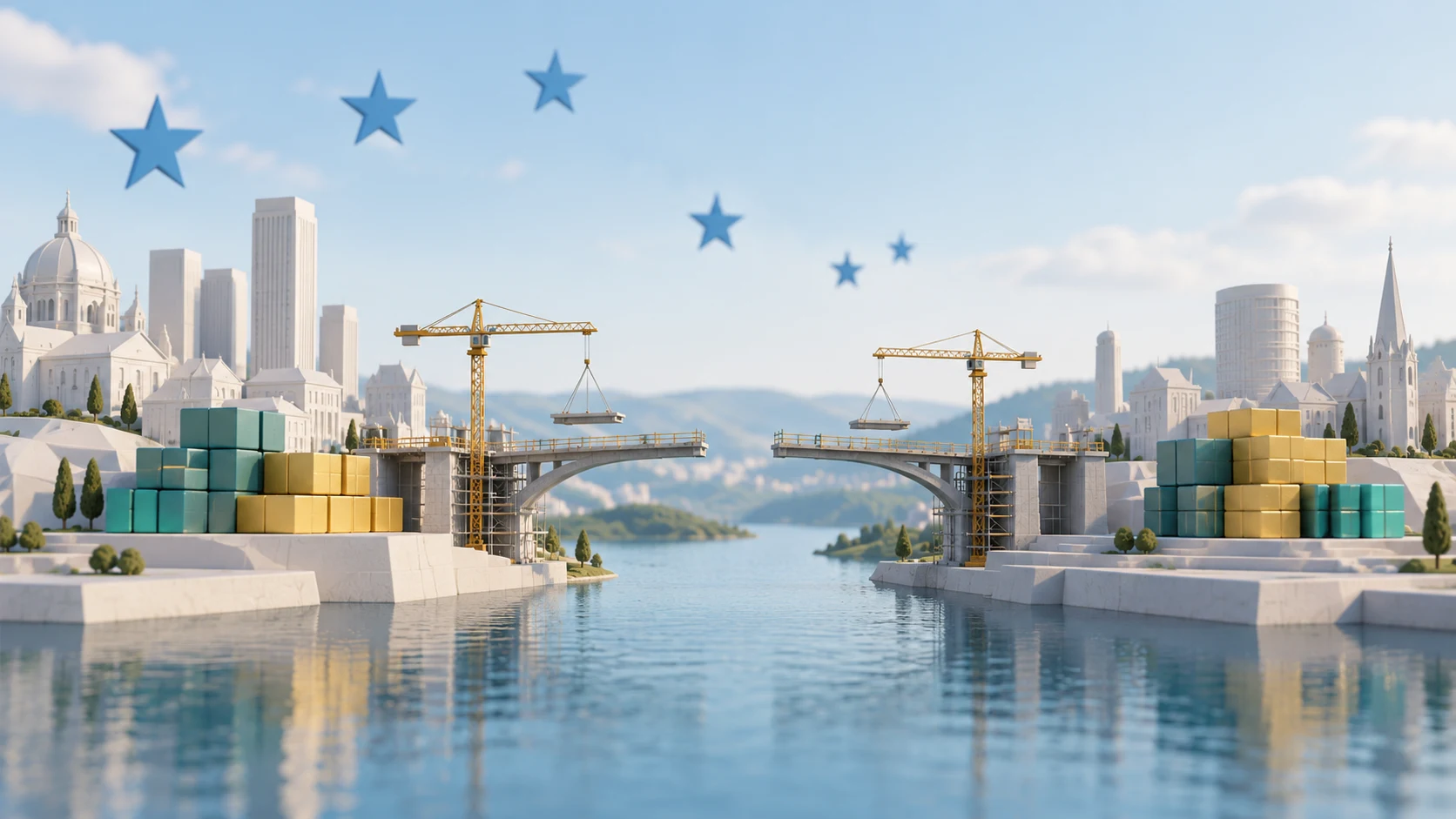 Ilustración conceptual de un puente en construcción entre ciudades geométricas.