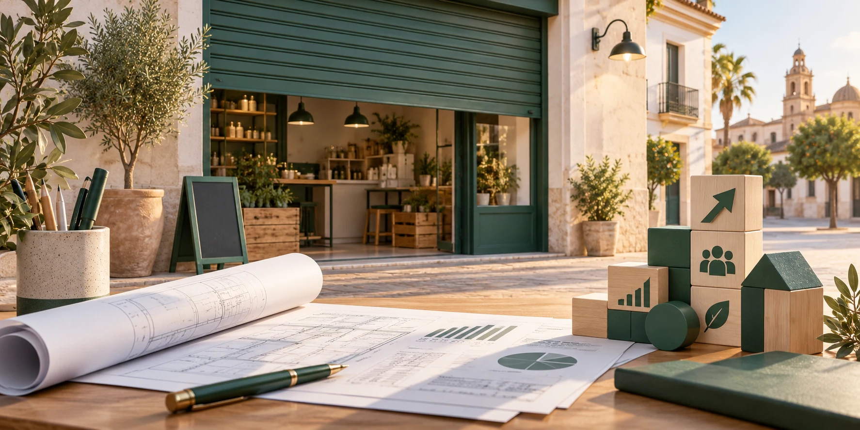 Ilustración conceptual de un local comercial y documentos sin datos de empresas reales.