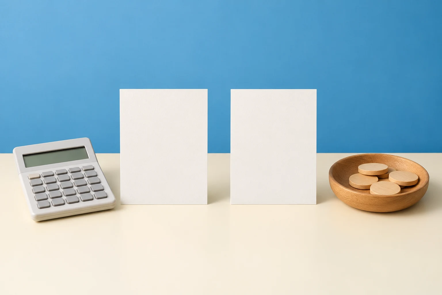Dos tarjetas vacías junto a una calculadora sin cifras como concepto de comparación de tipos