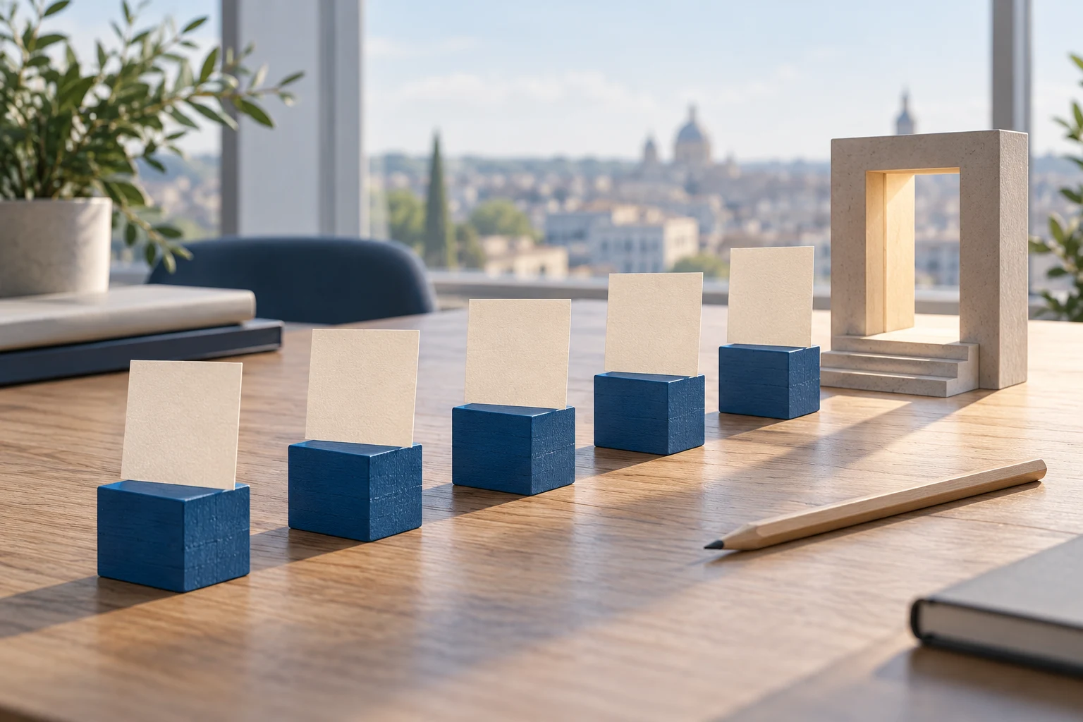 Secuencia conceptual de bloques azules y tarjetas vacías hacia una puerta