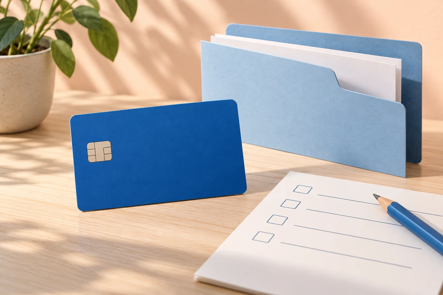 Tarjeta azul genérica sin números junto a una carpeta y una lista sin texto; no es la cuenta de un cliente.