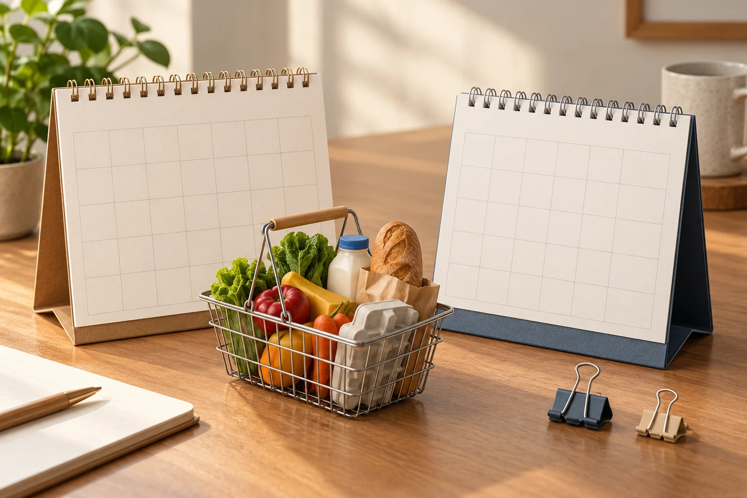 Dos calendarios sin fechas y una cesta genérica; no representa una serie de inflación ni precios observados.