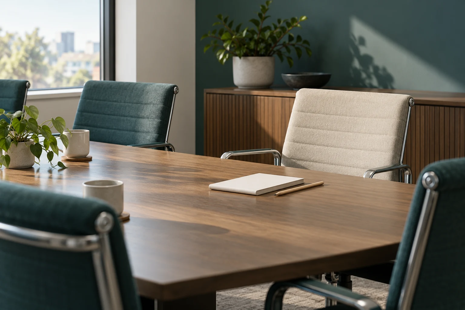 Una silla vacía ante una mesa de reuniones; escena conceptual de un puesto sin cubrir.