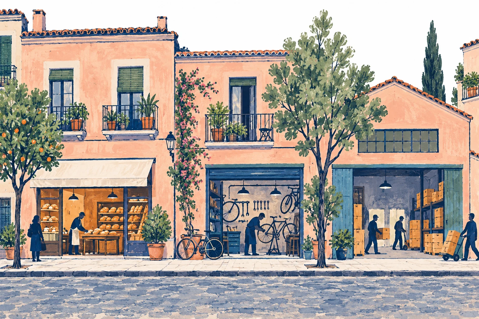Calle ficticia con pequeños comercios y un taller, dibujada con tinta y gouache; no representa una muestra estadística de la economía española.
