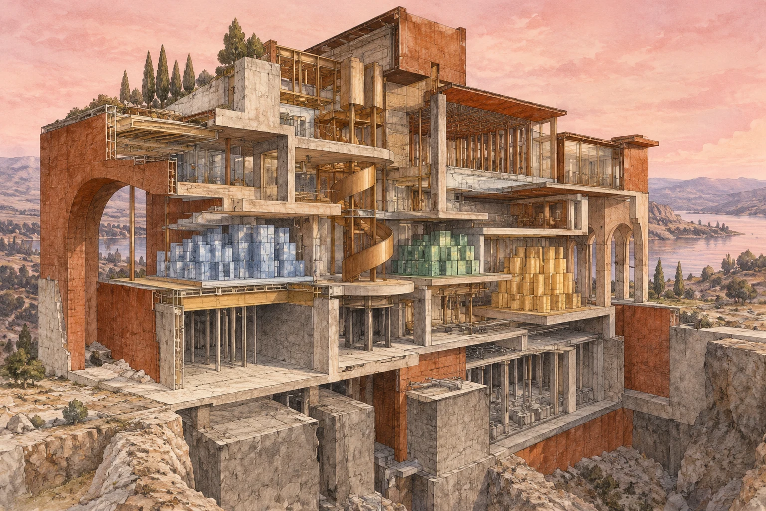 Dibujo de una construcción imaginaria con capas visibles; ilustración conceptual IA.