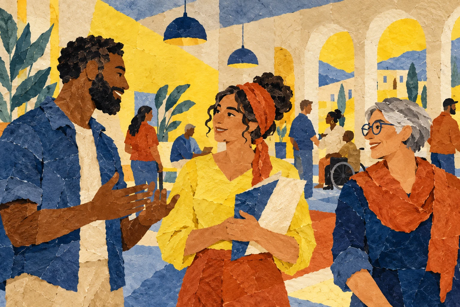 Tres adultos ficticios en un espacio comunitario, collage IA sin representar una encuesta o desempleados reales.