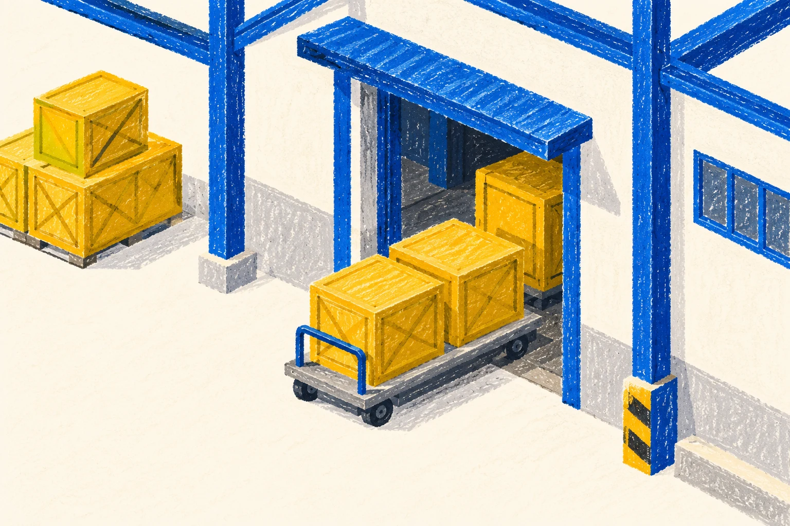 Dibujo de mercancías saliendo de una fábrica imaginaria; no representa una empresa ni datos de producción o precios.