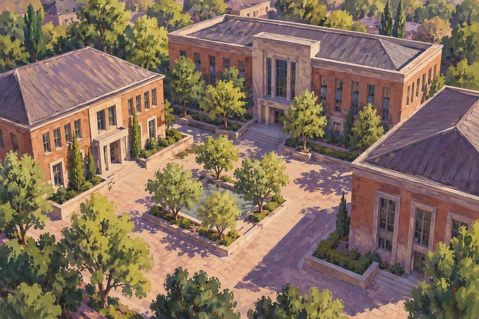 Edificios públicos ficticios alrededor de un patio común, ilustración IA de contexto sin sede real.