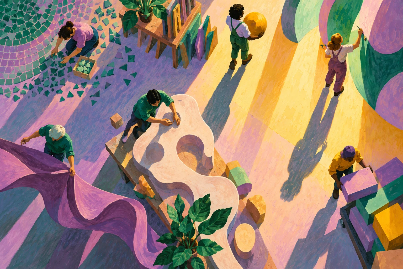 Trabajadores ficticios y sombras de distintas longitudes; gouache IA sin turnos ni horas medidos.