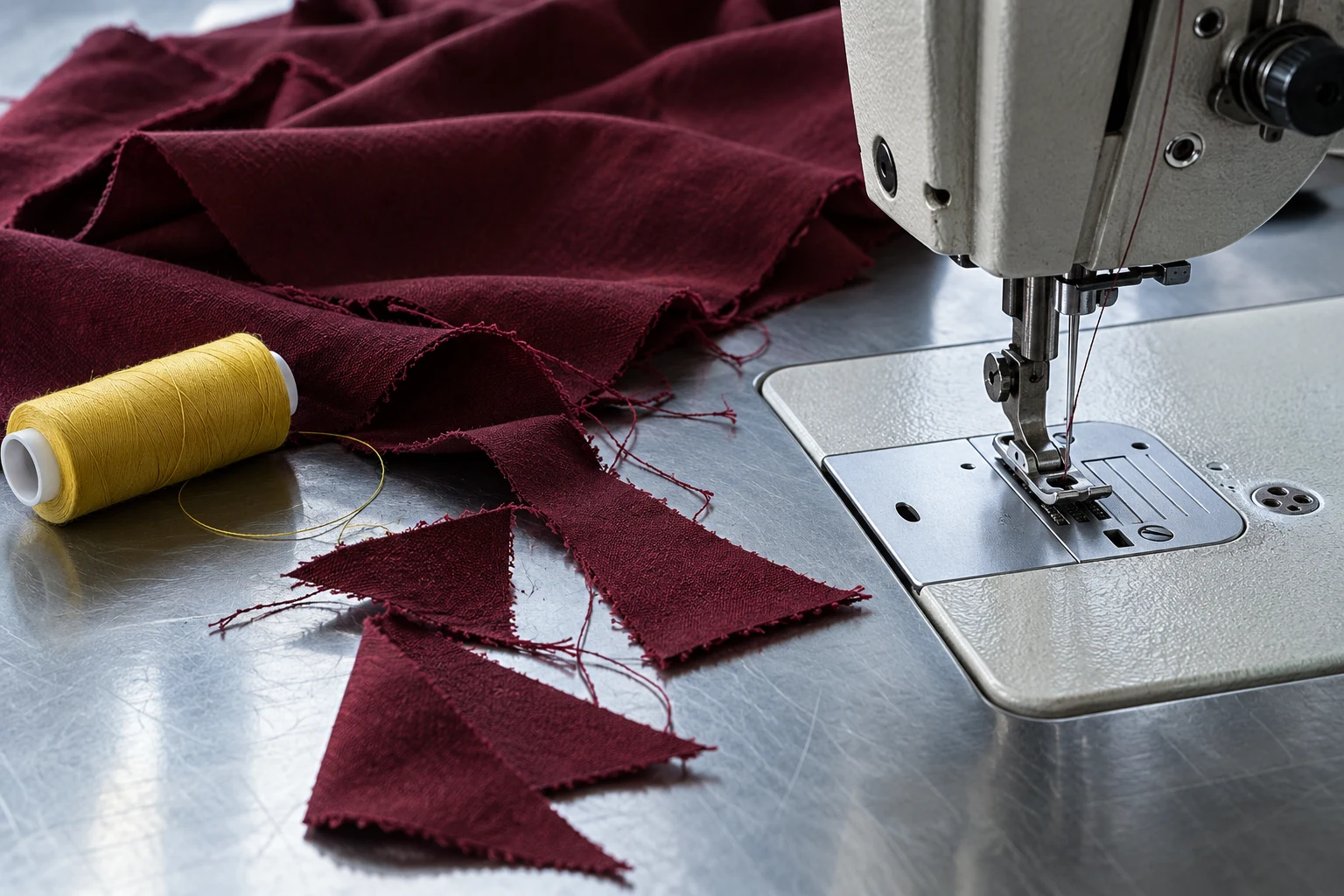 Retales y máquina de coser genéricos, ilustración IA de producción sin cuentas de una empresa.