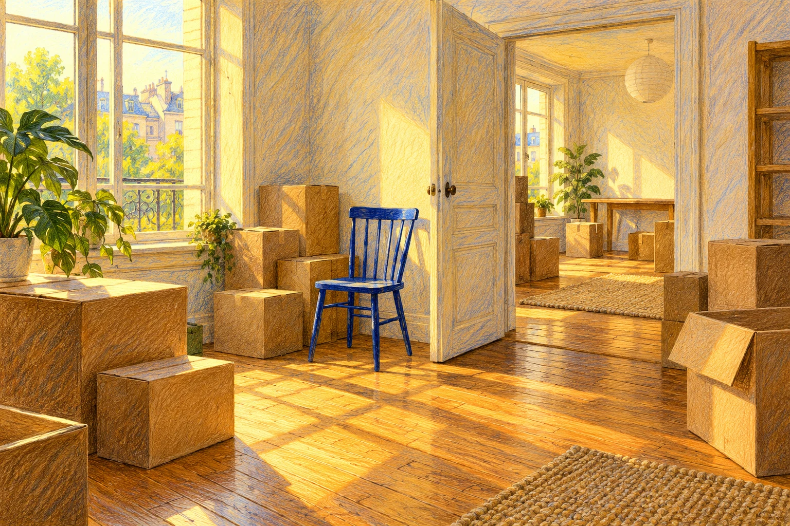 Interior ficticio durante una mudanza, con cajas y una silla de color; ilustración IA, no domicilio real ni justificante laboral.