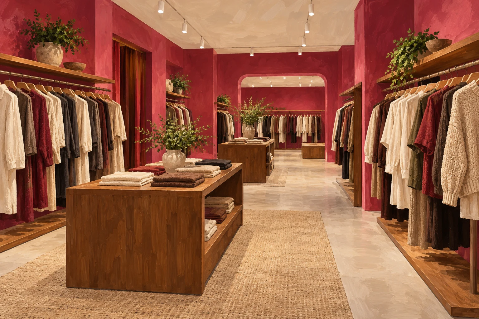 Interior comercial ficticio con prendas genéricas y un pasillo amplio; ilustración IA, no tienda de Inditex, ventas observadas ni fotografía corporativa.