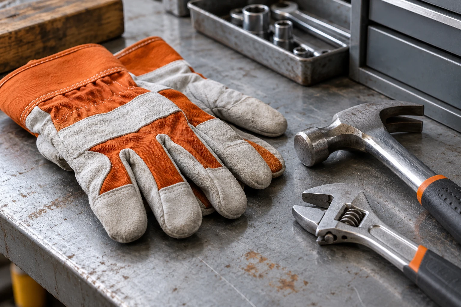 Guantes y herramientas genéricos en un banco de taller imaginario; ilustración IA sobre funciones laborales, no prueba de trabajo, oferta ni contrato real.