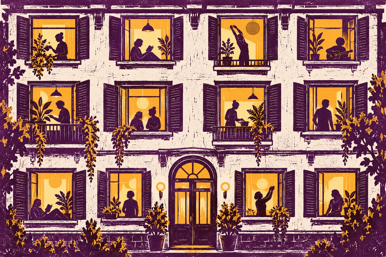 Ilustración IA de viviendas y habitantes ficticios; no representa un municipio real ni reproduce estadísticas del INE.