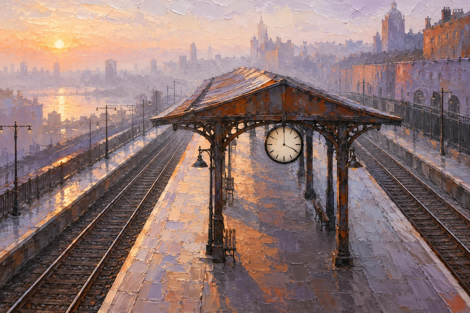 Ilustración IA de una estación y un reloj imaginarios sin cifras; metáfora de programación, sin representar el calendario del INE ni horarios de transporte.