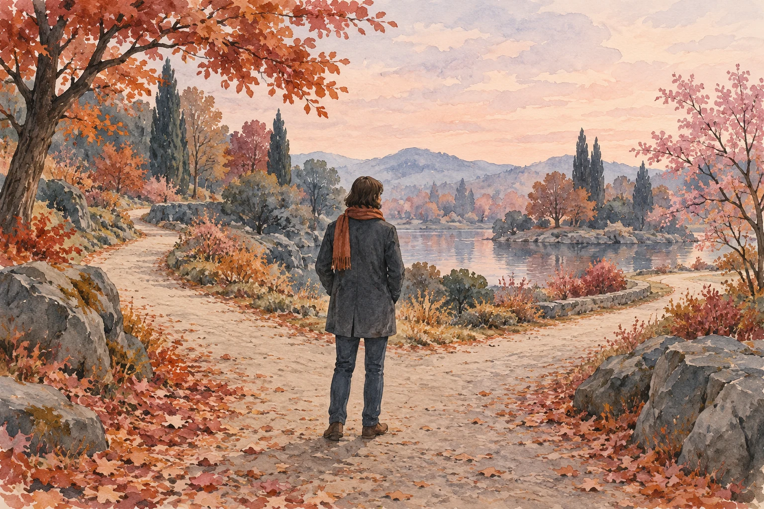 Ilustración IA de una persona ficticia ante caminos de un parque; no representa a un trabajador, empresa o decisión laboral reales.