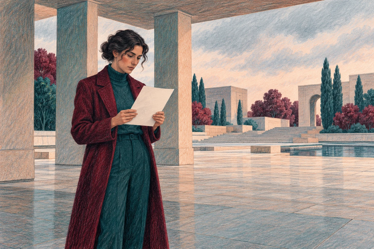 Ilustración IA de una persona ficticia leyendo una hoja sin texto en una plaza imaginaria; no representa aspirantes ni una sede oficial.