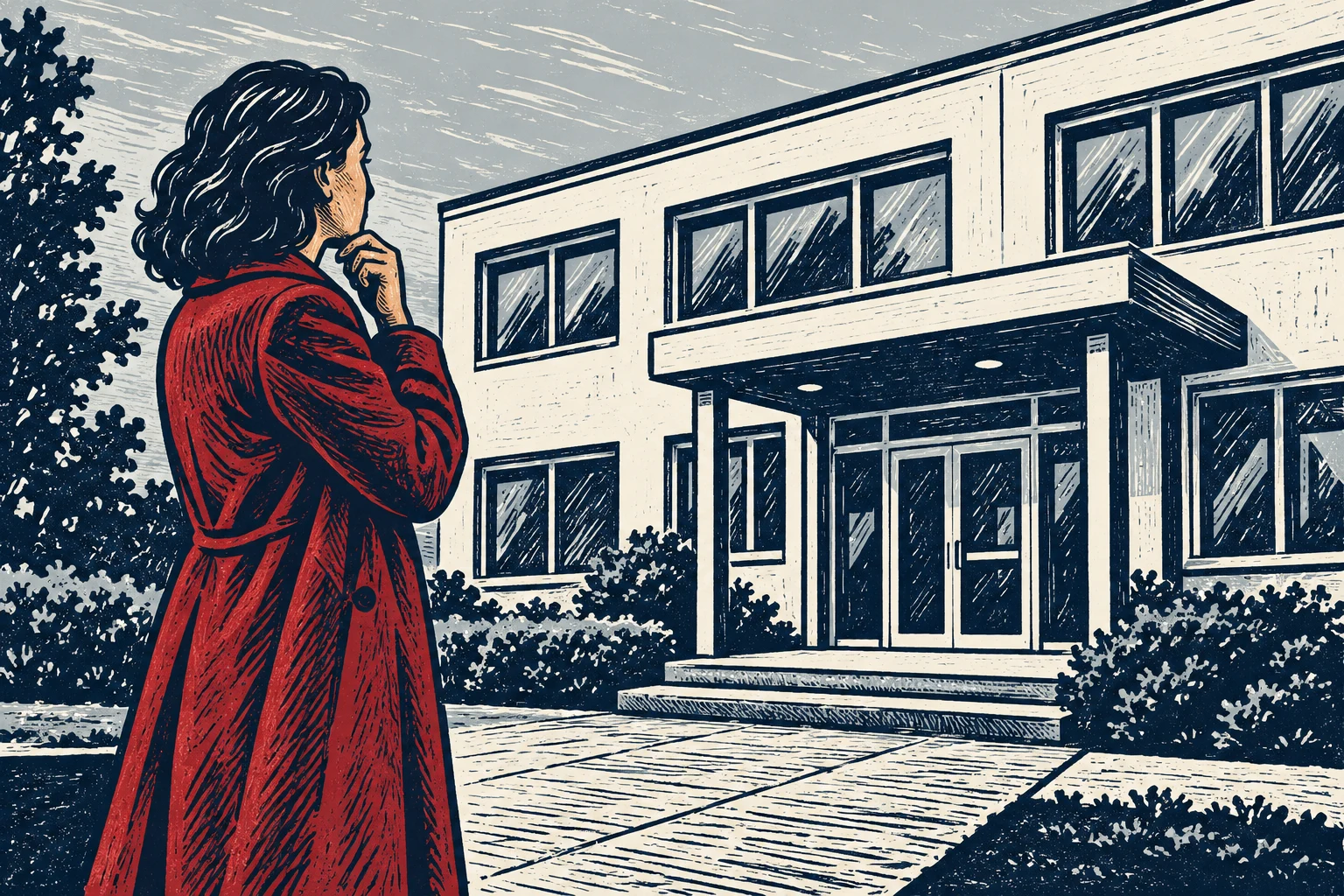 Ilustración IA de una persona ficticia ante un edificio inventado; no representa una sede EURES, una entrevista ni una empresa denunciada.