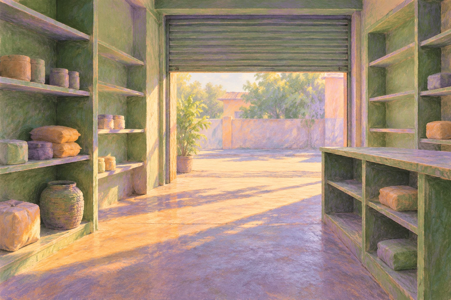 Ilustración IA de una tienda imaginaria con persiana parcialmente abierta; no representa establecimientos encuestados por el INE.