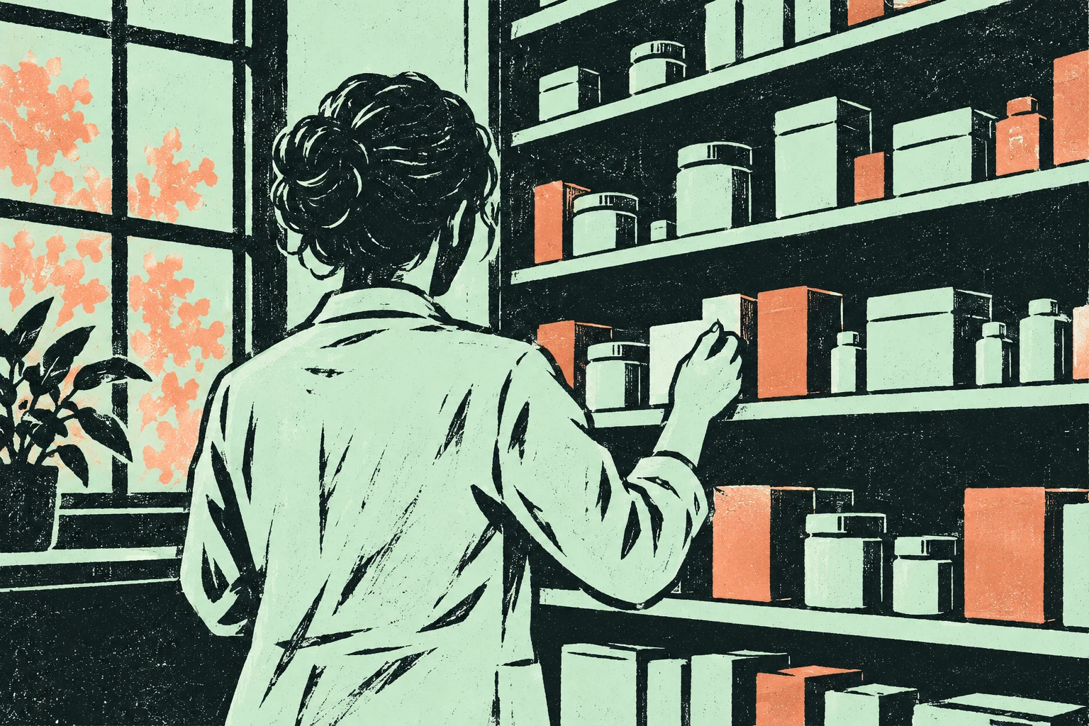 Ilustración IA de una persona y estanterías farmacéuticas ficticias; no muestra un centro de INGESA, una persona contratada ni una oferta oficial.