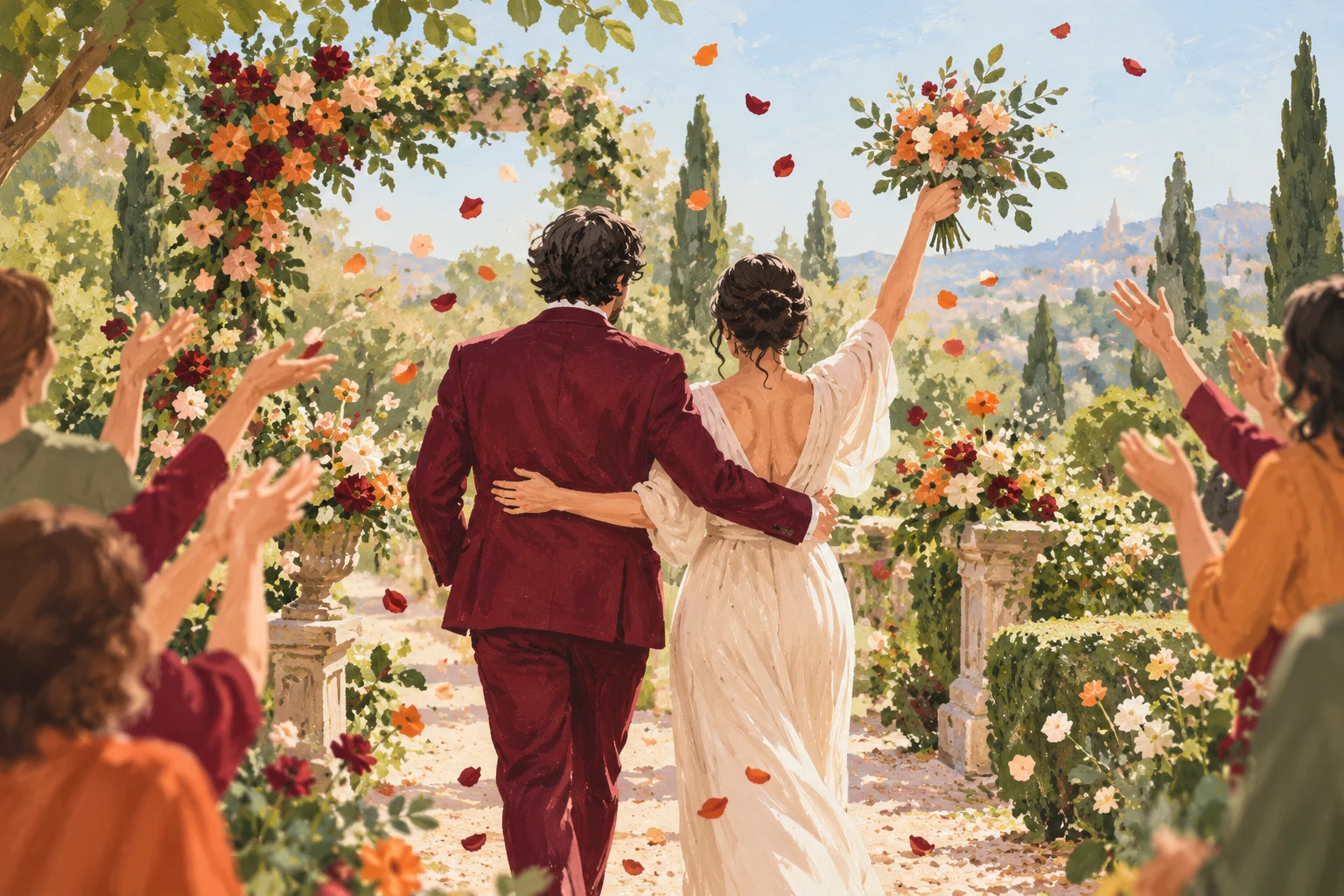Ilustración IA de dos adultos ficticios en un jardín imaginario; no documenta una boda ni un registro de pareja reales.