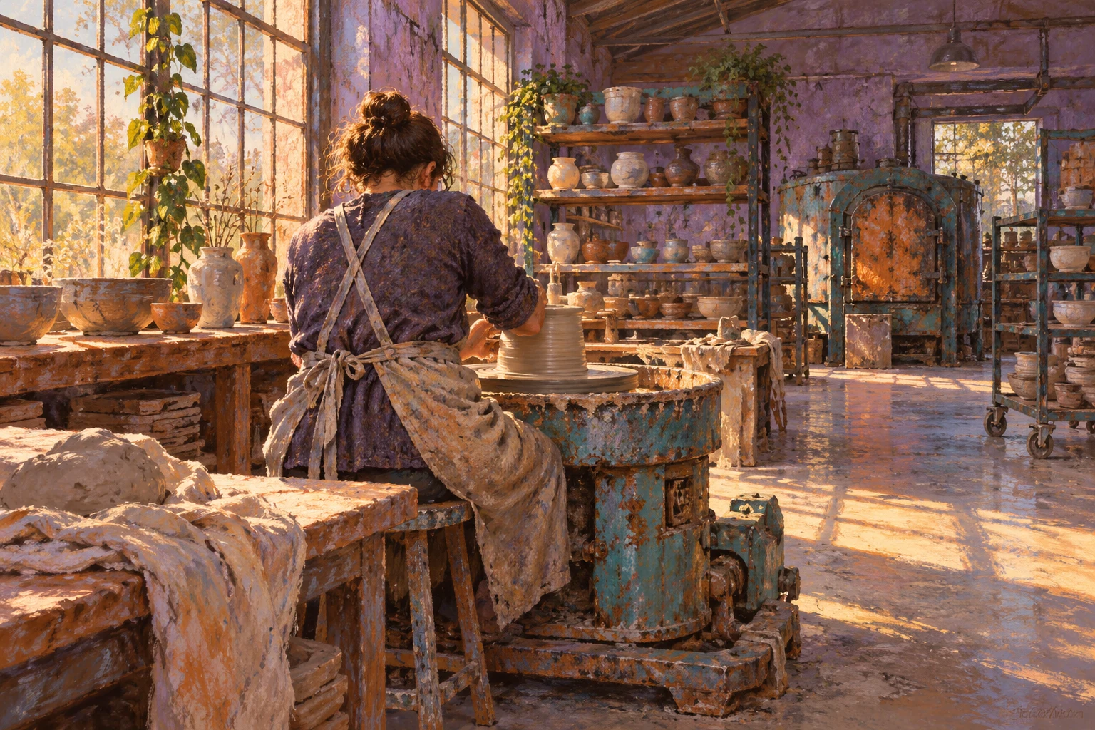 Ilustración IA de una artesana ficticia junto a un torno imaginario; no documenta una empresa, maquinaria probada o vida útil medida.