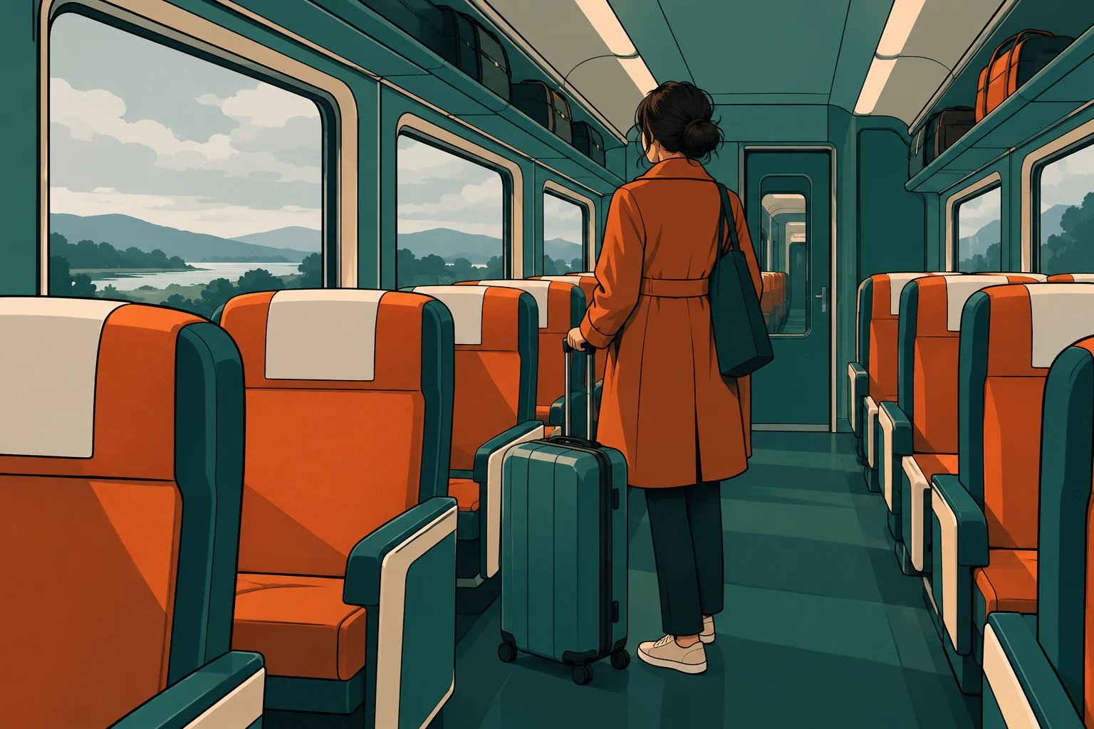 Ilustración IA de una estación y viajeros ficticios; no documenta una cancelación ni identifica un operador ferroviario.