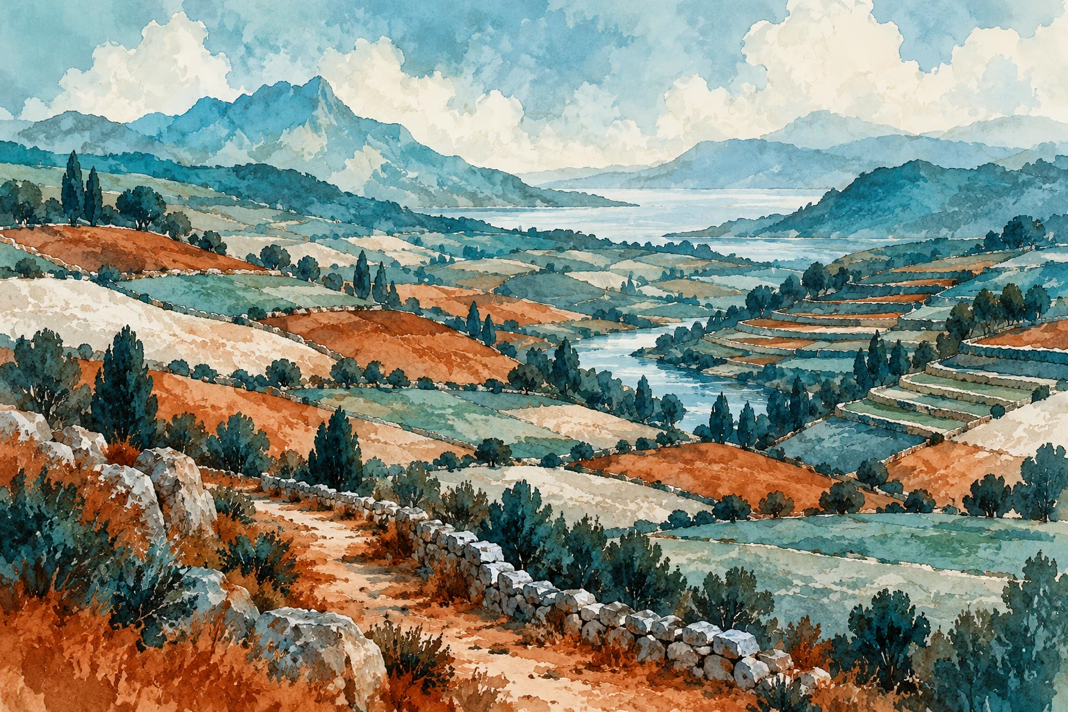 Ilustración IA de un paisaje escalonado imaginario; no representa el PIB, sus componentes ni una gráfica con datos medidos.
