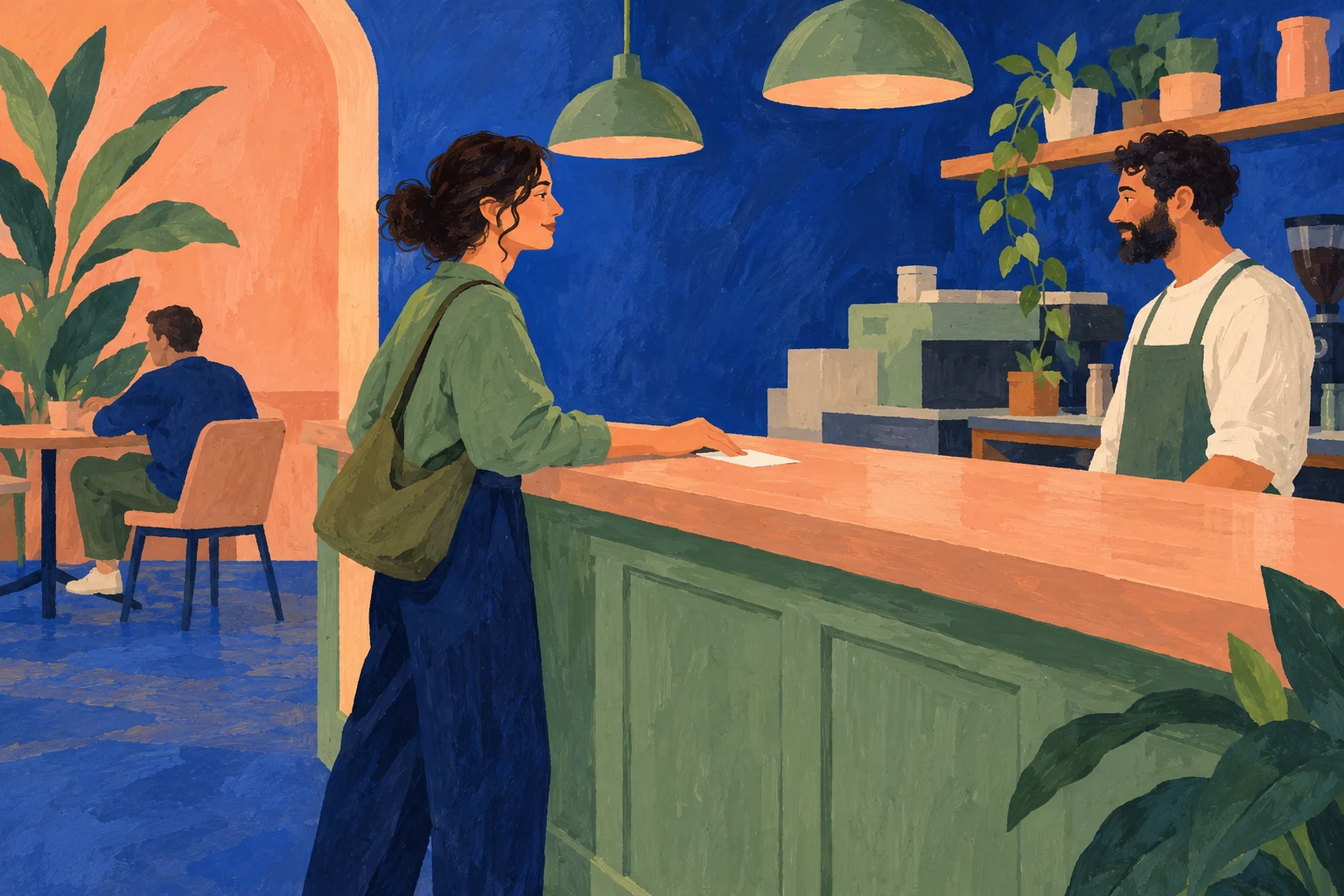 Ilustración IA de una cafetería y personas ficticias con un papel en blanco; no reproduce una factura válida ni una operación deducible comprobada.