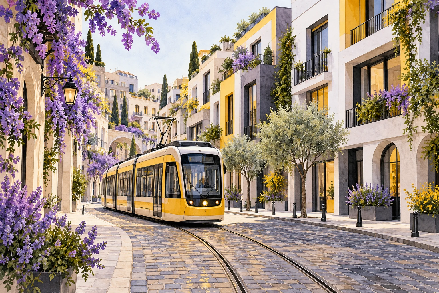 Acuarela IA de un tranvía y una calle europea ficticios, sin ciudades reconocibles, monedas ni precios observados.