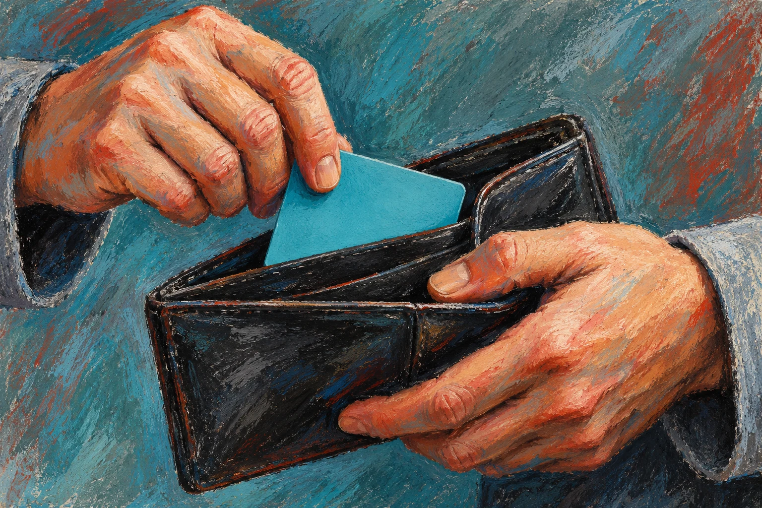 Manos ficticias y tarjeta lisa dibujadas al pastel; ilustración IA sin datos bancarios.