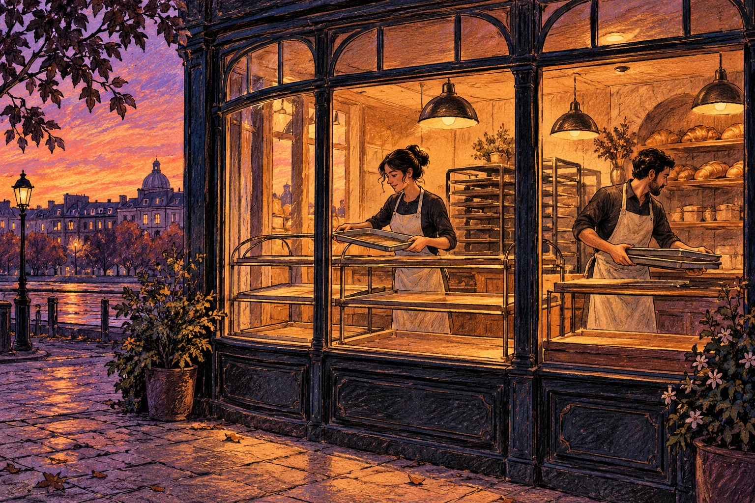 Panadería y trabajadores adultos ficticios dibujados a tinta y pastel; ilustración IA, no empresa o testimonio real.