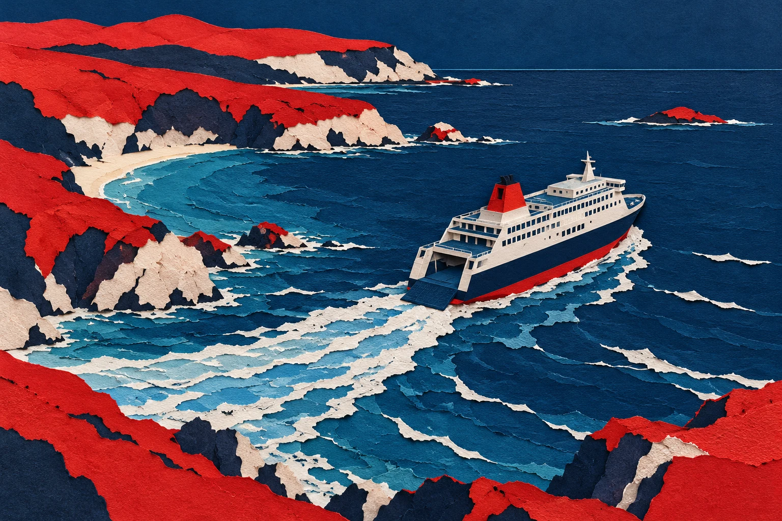 Ferry y costa imaginarios en papel recortado; ilustración IA sin ruta ni cobertura medidas.