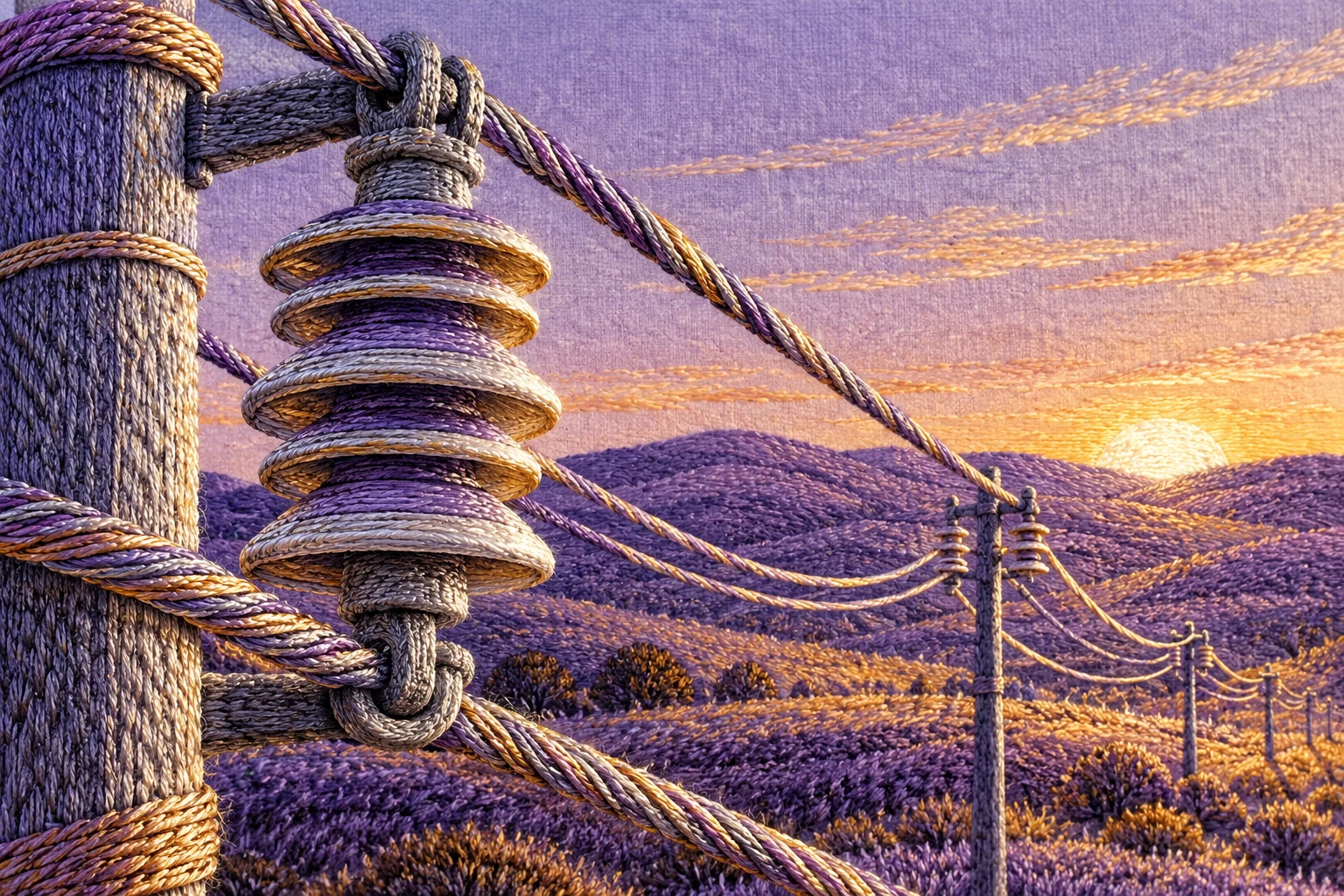 Red eléctrica imaginaria hecha de hilos violetas y topacio; ilustración IA que no representa instalaciones de Iberdrola.