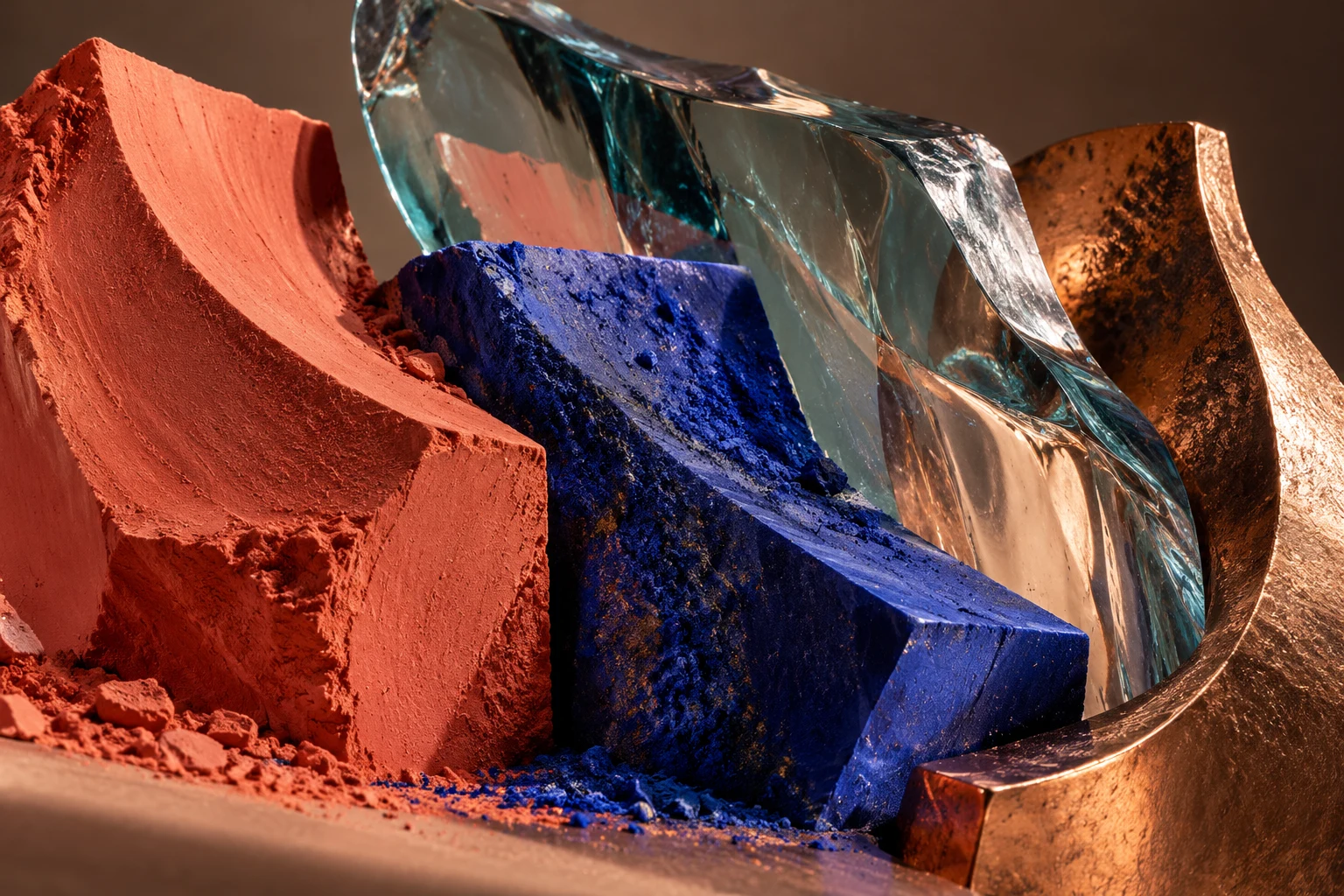 Escultura abstracta de pigmentos y vidrio imaginarios; ilustración IA sin cosméticos reales, envases o productos de Puig.