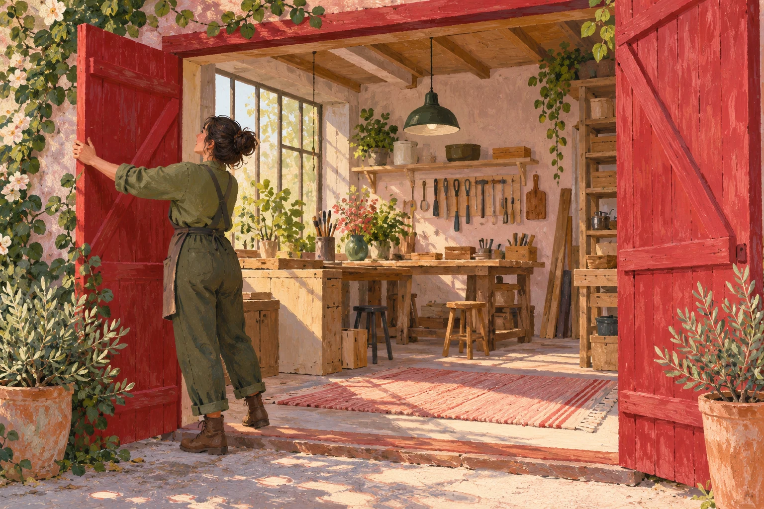 Persona ficticia abre un taller imaginario pintado a gouache; ilustración IA sin empresa ni reincorporación real.