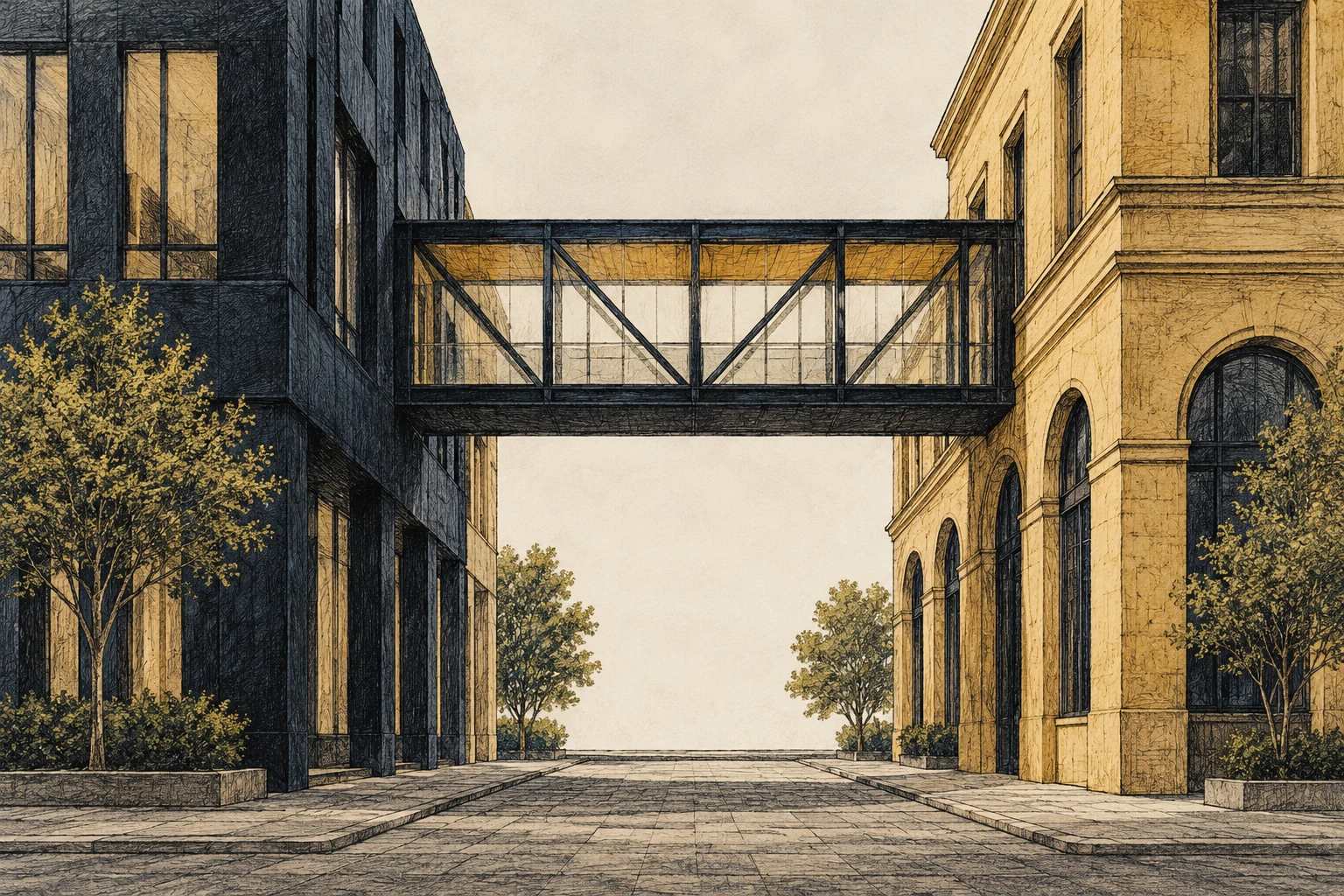 Pasarela entre dos edificios imaginarios en punta seca coloreada; ilustración IA sin banco, sede ni operación reales.