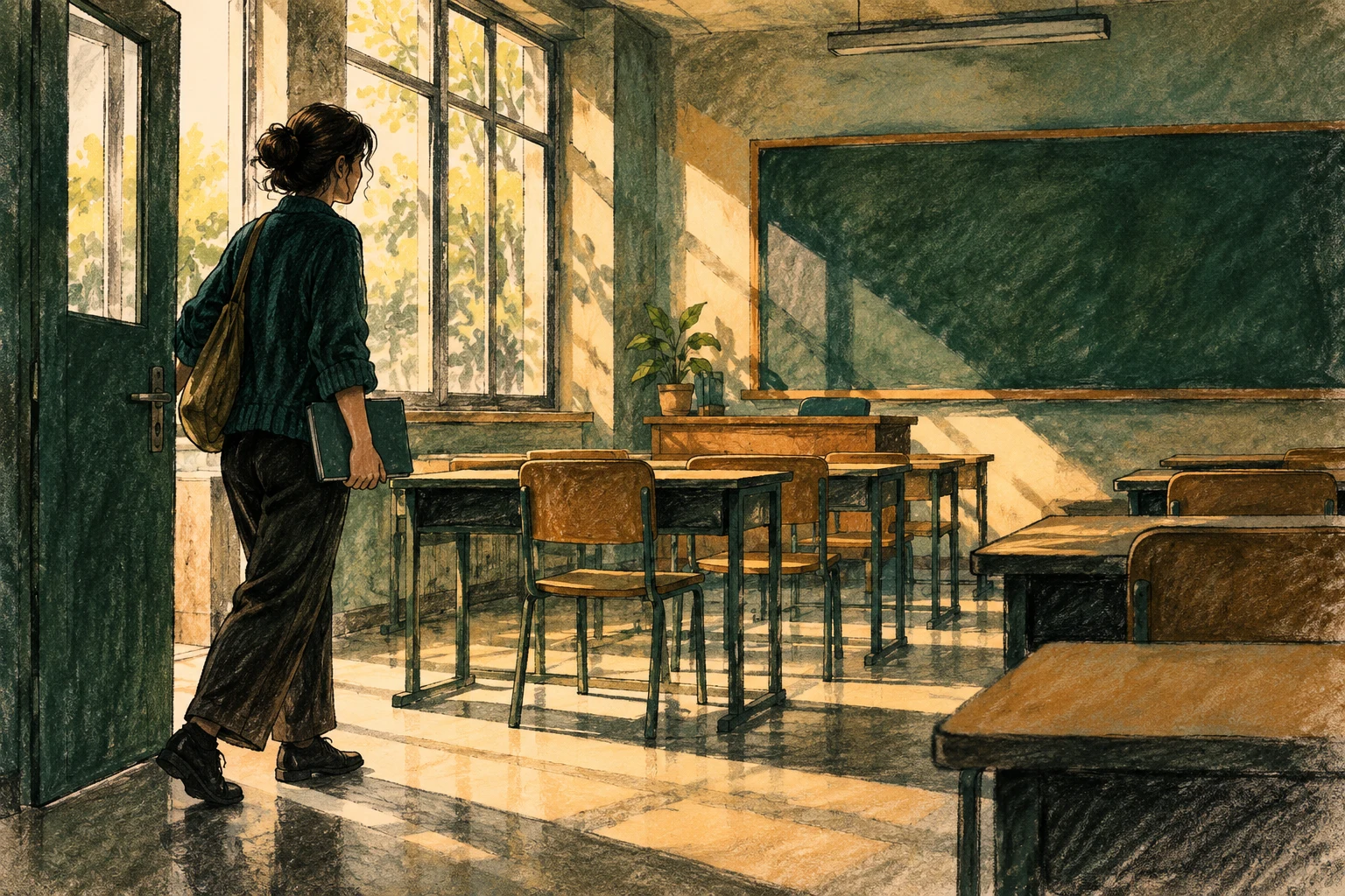 Persona adulta ficticia entra en aula imaginaria con cuaderno cerrado, dibujo a carboncillo y aguada IA.