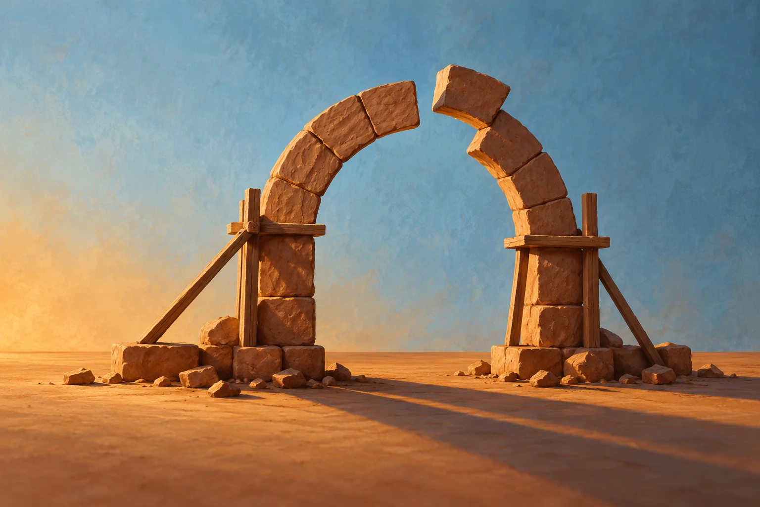 Arco imaginario de arcilla incompleto con soportes y sombras largas, ilustración IA sin obra real.